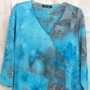 Turquoise and grey v neck 3/4 sleeve faux wrap top